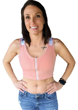 Post Surgical Comfort Compression Sports Bra: Soft Blush Butterfly